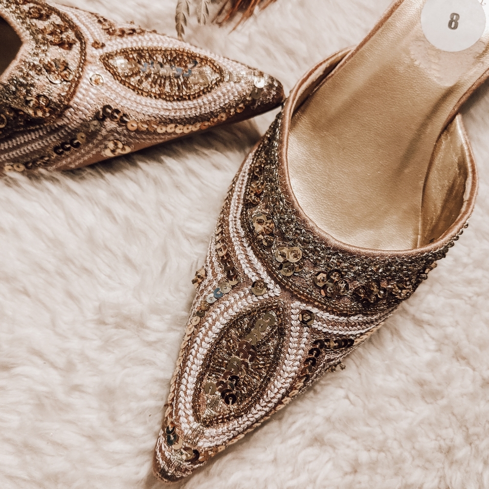 Boho Bridal Shoes Wedding Sequin Kitten Heel Mules